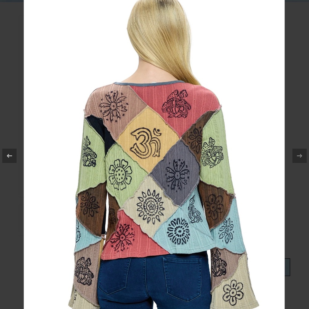 Y125 NWT Yak N Yeti Jungle Dreams Boho Patchwork Multi Color Bell Sleeve Top - Picture 3 of 10